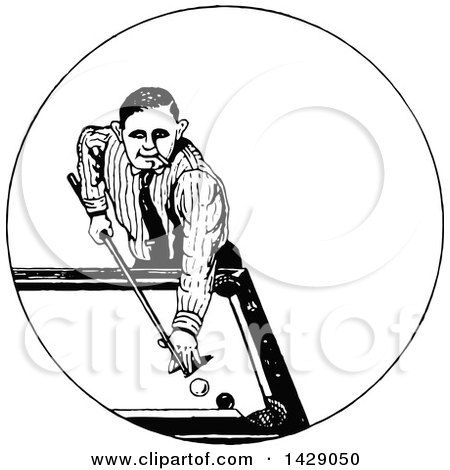 Clipart of a Vintage Black and White Sketched Man Playing Pool - Royalty Free Vector Illustration by Prawny Vintage