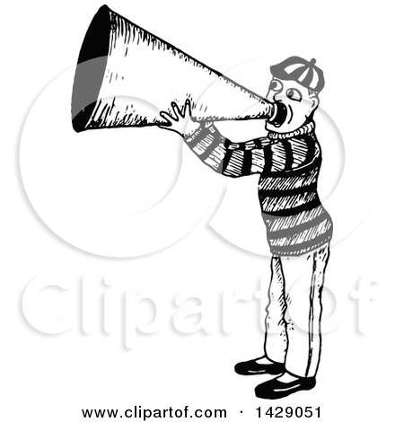 Clipart of a Vintage Black and White Sketched Man Using a Megaphone - Royalty Free Vector Illustration by Prawny Vintage
