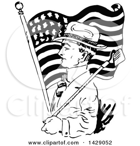 Clipart of a Vintage Black and White Sketched Man with a Garden Hoe and American Flag - Royalty Free Vector Illustration by Prawny Vintage