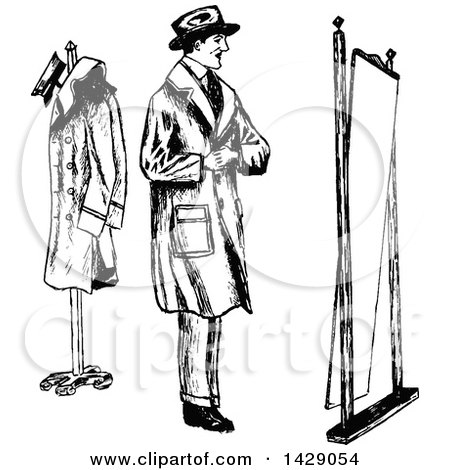 Clipart of a Vintage Black and White Sketched Man Trying on a Coat - Royalty Free Vector Illustration by Prawny Vintage