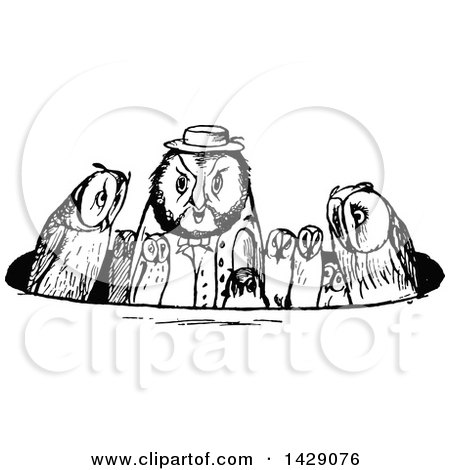 Clipart of a Vintage Black and White Owl Family in a Circle - Royalty Free Vector Illustration by Prawny Vintage