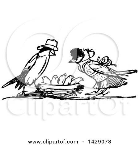 Clipart of a Vintage Black and White Bird Family with the Parents over the Chicks - Royalty Free Vector Illustration by Prawny Vintage