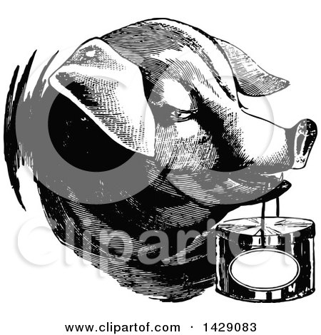 Clipart of a Vintage Black and White Pig Carrying a Basket - Royalty Free Vector Illustration by Prawny Vintage