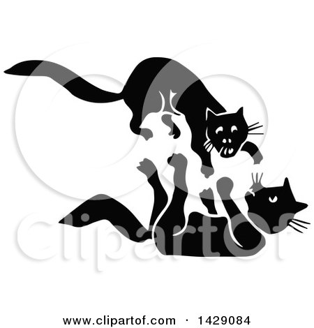 Clipart of Vintage Black and White Cats Fighting - Royalty Free Vector Illustration by Prawny Vintage