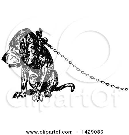 Clipart of a Vintage Black and White Sketched Dog Attached to a Chain - Royalty Free Vector Illustration by Prawny Vintage