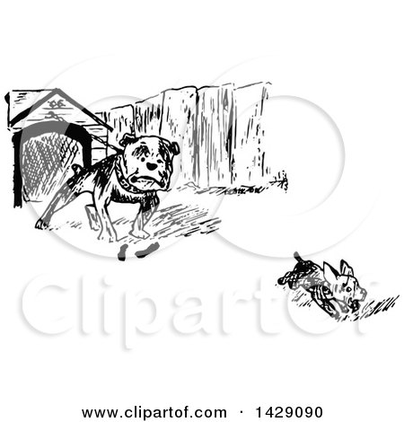 Clipart of a Vintage Black and White Sketched Dog Chasing Another from a House - Royalty Free Vector Illustration by Prawny Vintage