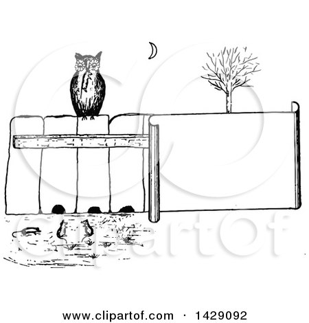 Clipart of a Vintage Black and White Sketched Owl on a Fence, Watching Mice - Royalty Free Vector Illustration by Prawny Vintage