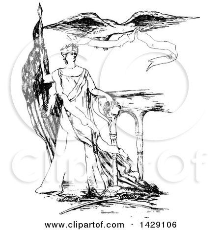 Clipart of a Vintage Black and White Sketched Woman, Columbia, with an American Flag and Eagle - Royalty Free Vector Illustration by Prawny Vintage