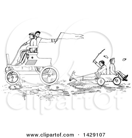 Clipart of Vintage Black and White Sketched Boys Racing Carts - Royalty Free Vector Illustration by Prawny Vintage