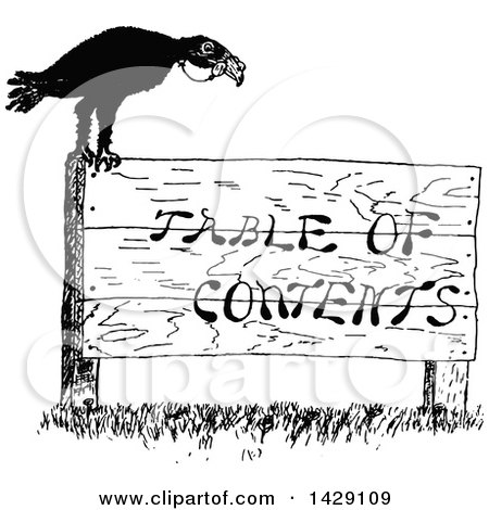 Clipart of a Vintage Black and White Sketched Crow on a Table of Contents Sign - Royalty Free Vector Illustration by Prawny Vintage