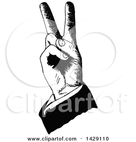Clipart of a Vintage Black and White Sketched Hand Making Bunny Ears or Gesturing Peace or Victory - Royalty Free Vector Illustration by Prawny Vintage