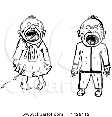 Clipart of Vintage Black and White Sketched Crying Babies - Royalty Free Vector Illustration by Prawny Vintage