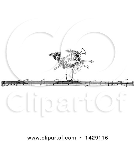 Clipart of a Vintage Black and White Sketched Music Staff and Instrument - Royalty Free Vector Illustration by Prawny Vintage