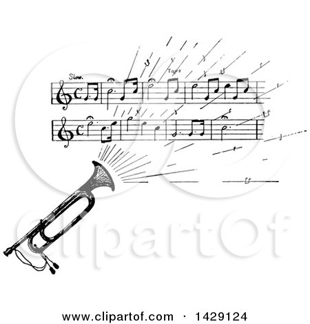 Clipart of a Vintage Black and White Sketched Instrument with Sheet Music - Royalty Free Vector Illustration by Prawny Vintage