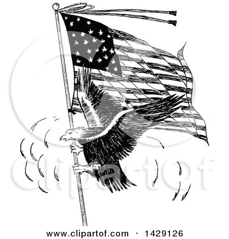 Clipart of a Vintage Black and White Sketched Eagle and American Flag - Royalty Free Vector Illustration by Prawny Vintage