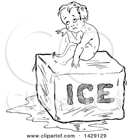 Clipart of a Vintage Black and White Sketched Hot Baby Sitting on Ice - Royalty Free Vector Illustration by Prawny Vintage
