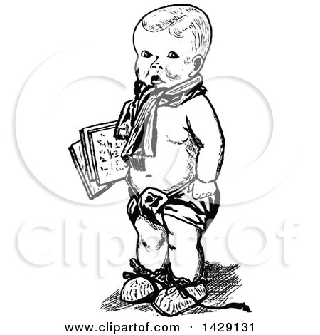 Clipart of a Vintage Black and White Sketched Baby Boy Carrying Papers - Royalty Free Vector Illustration by Prawny Vintage