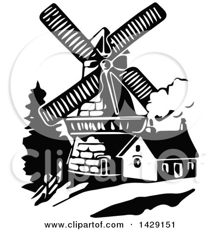 Clipart of a Vintage Black and White Windmill and House - Royalty Free Vector Illustration by Prawny Vintage