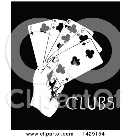 Clipart of a Vintage Black and White Hand Holding Clubs Cards - Royalty Free Vector Illustration by Prawny Vintage