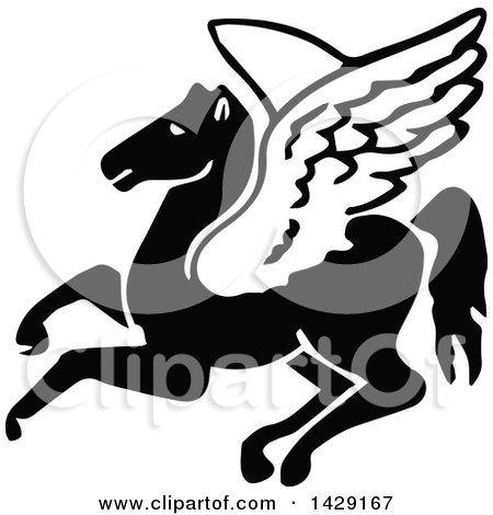 Clipart of a Vintage Black and White Pegasus - Royalty Free Vector Illustration by Prawny Vintage