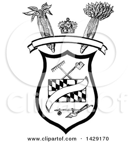 Clipart of a Vintage Black and White Farming Shield Crest - Royalty Free Vector Illustration by Prawny Vintage