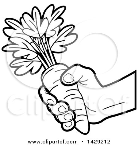 Clipart of a Black and White Hand Holding a Carrot - Royalty Free Vector Illustration by Lal Perera