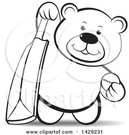 Clipart of a Black and White Bear Holding a Cricket Ball and Bat - Royalty Free Vector Illustration by Lal Perera