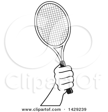 Clipart of a Black and White Hand Holding a Tennis Racket - Royalty Free Vector Illustration by Lal Perera