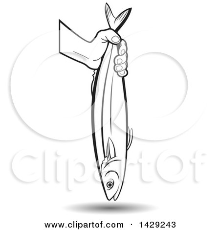 Clipart of a Black and White Hand Holding a Fish - Royalty Free Vector Illustration by Lal Perera