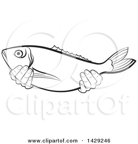 Clipart of Black and White Hands Holding a Fish - Royalty Free Vector Illustration by Lal Perera