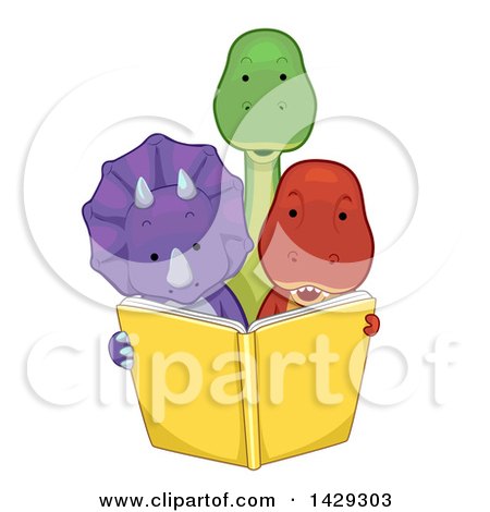 Clipart of Cute Triceratops, Tyrannosaurus Rex and Brontosaurus Dinosaurs Reading a Book Together - Royalty Free Vector Illustration by BNP Design Studio