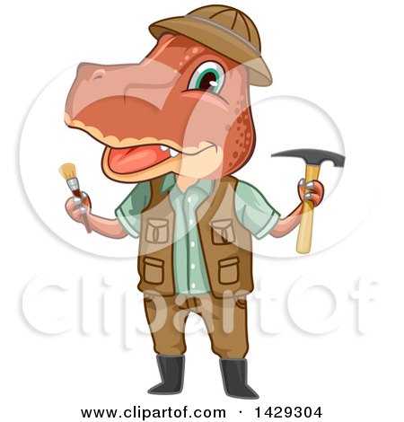 Clipart of a Tyrannosaurus Rex Dinosaur Paleontologist Holding Tools - Royalty Free Vector Illustration by BNP Design Studio