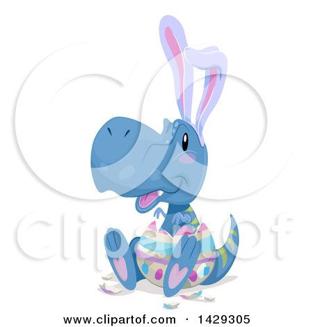 Clipart of a Cute Tyrannosaurus Dinosaur Hatching with Ears from an Easter Egg - Royalty Free Vector Illustration by BNP Design Studio