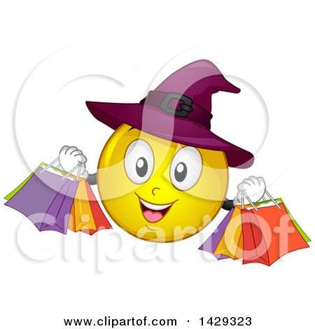 Clipart of a Cartoon Yellow Emoji Smiley Face Witch Carrying Shopping Bags - Royalty Free Vector Illustration by BNP Design Studio