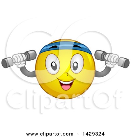 Clipart of a Cartoon Yellow Emoji Smiley Face Working out with Dumbbells - Royalty Free Vector Illustration by BNP Design Studio