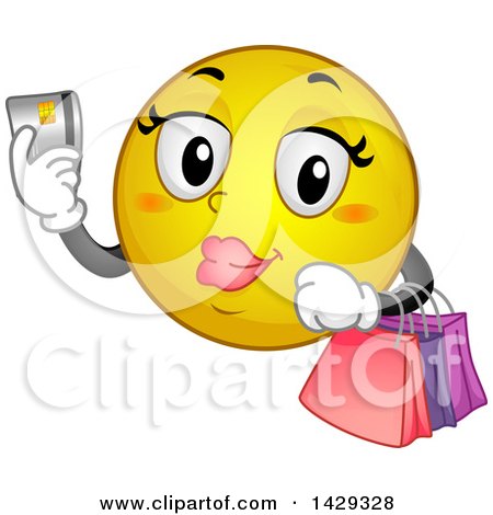 Clipart of a Cartoon Female Yellow Emoji Smiley Face Shopping with a Credit Card - Royalty Free Vector Illustration by BNP Design Studio