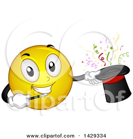 Clipart of a Cartoon Yellow Emoji Smiley Face Magician Performing a Hat Trick - Royalty Free Vector Illustration by BNP Design Studio