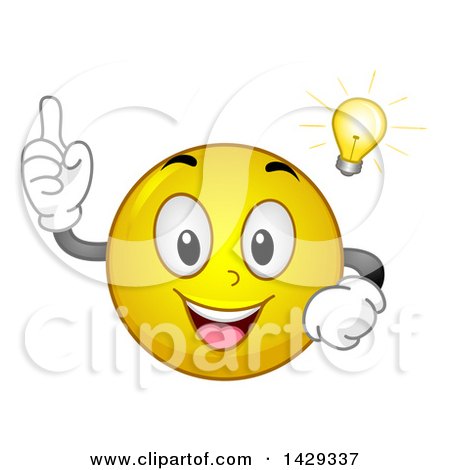 Clipart of a Cartoon Yellow Emoji Smiley Face with an Idea Light Bulb - Royalty Free Vector Illustration by BNP Design Studio
