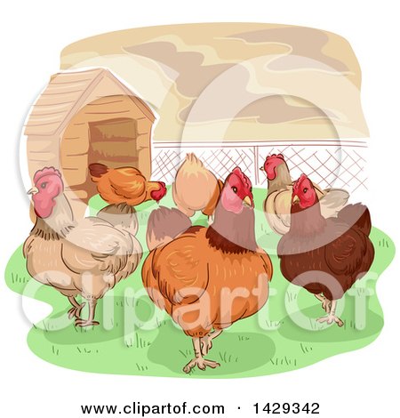 Clipart of a Group of Chickens near a Coop - Royalty Free Vector Illustration by BNP Design Studio