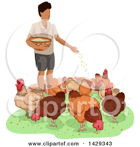 Clipart of a Man Feeding a Group of Chickens near a Coop - Royalty Free Vector Illustration by BNP Design Studio