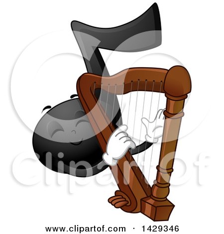 Clipart of a Black Music Note Mascot Playing a Harp - Royalty Free Vector Illustration by BNP Design Studio