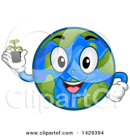 Clipart of a Cartoon Happy Planet Earth Mascot Holding a Seedling Plant - Royalty Free Vector Illustration by BNP Design Studio