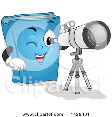 Clipart of a Blue Astronomy Book Mascot Looking Through a Telescope - Royalty Free Vector Illustration by BNP Design Studio