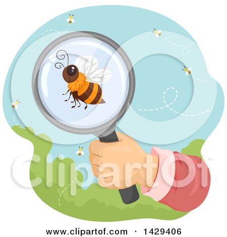 Clipart of a Hand Observing a Honey Bee Through a Magnifying Glass - Royalty Free Vector Illustration by BNP Design Studio