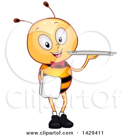 Clipart of a Happy Waiter Bee Holding a Platter - Royalty Free Vector Illustration by BNP Design Studio