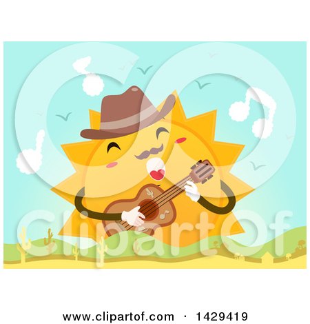 Clipart of a Sun Character Wearing a Fedora Hat, Playing a Guitar and Singing over Hills - Royalty Free Vector Illustration by BNP Design Studio