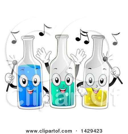 Clipart of Glass Bottle Mascots Filled with Colorful Liquid, Tapping Themslves to Make Music - Royalty Free Vector Illustration by BNP Design Studio