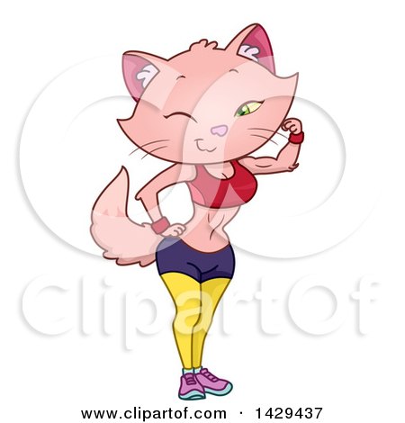 Clipart of a Fit Pink Cat Wearing Fitness Apparel and Flexing - Royalty Free Vector Illustration by BNP Design Studio