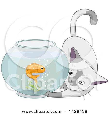 Clipart of a Cat Playing with a Goldfish in a Bowl - Royalty Free Vector Illustration by BNP Design Studio