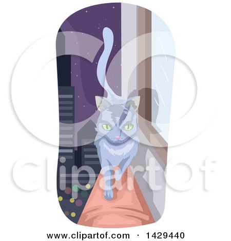Clipart of a Cat Walking on a Skyscraper Ledge Against a City at Night - Royalty Free Vector Illustration by BNP Design Studio